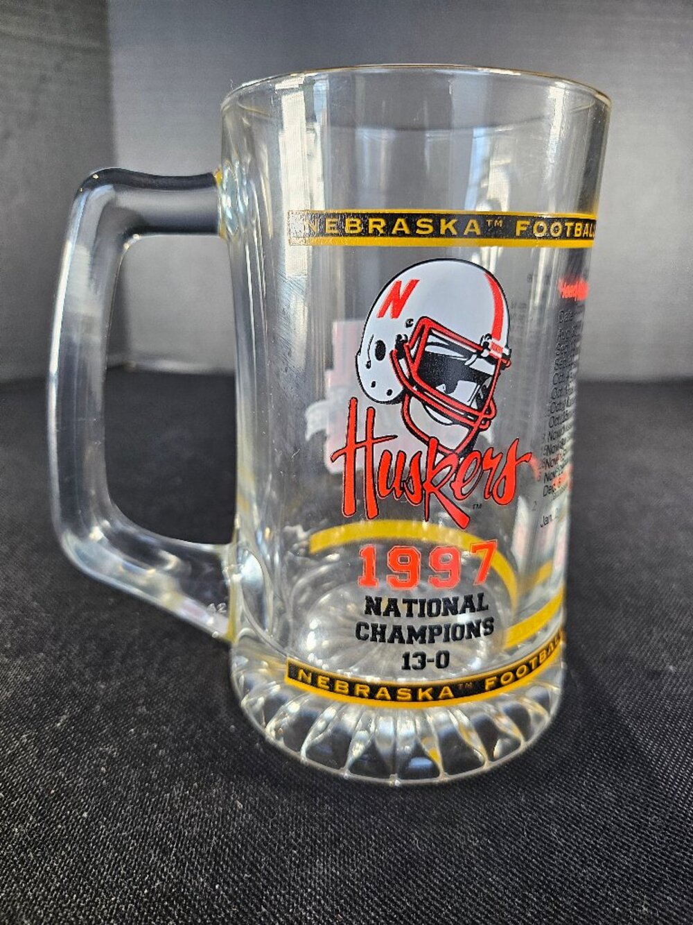 Vintage 1997 Nebraska Cornhuskers National Champions Glass Beer Mug 13-0 Season